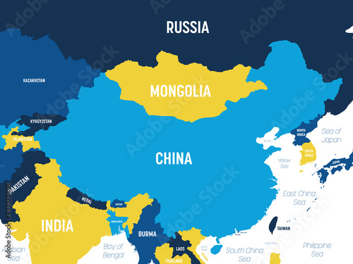 China map - brown orange hue colored on dark background. High detailed political map of China and neighboring countries with country, ocean and sea names labeling
