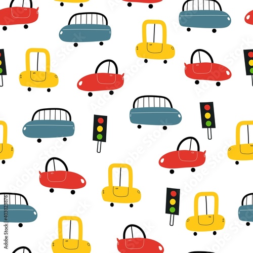 seamless pattern with cartoon cars, decor elements. Colorful vector flat style for kids. hand drawing. baby design for fabric, print, wrapper, textile