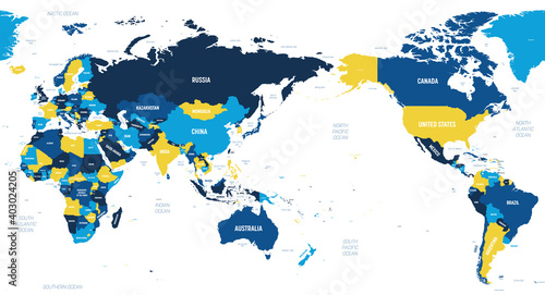 World map - Asia, Australia and Pacific Ocean centered. Brown orange hue colored on dark background. High detailed political map of World with country, ocean and sea names labeling