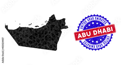 Abu Dhabi Emirate map polygonal mesh with filled triangles, and scratched bicolor stamp seal. Triangle mosaic Abu Dhabi Emirate map with mesh vector model, triangles have various sizes, and positions,