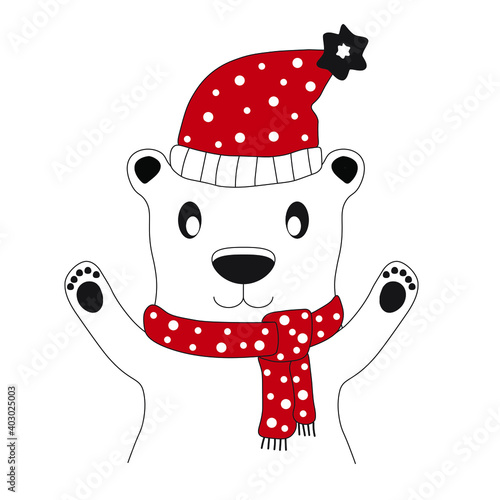 A cute bear wearing a red hat and scarf Vector illustration 