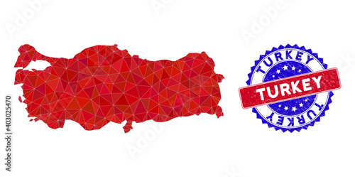 Turkey map polygonal mesh with filled triangles, and rough bicolor stamp imitation. Triangle mosaic Turkey map with mesh vector model, triangles have various sizes, and positions, and color tints.