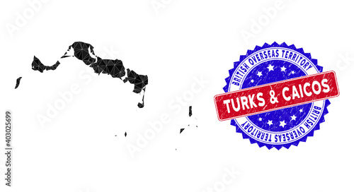 Turks and Caicos Islands map polygonal mesh with filled triangles, and unclean bicolor stamp. Triangle mosaic Turks and Caicos Islands map with triangular vector model, triangles have different sizes,
