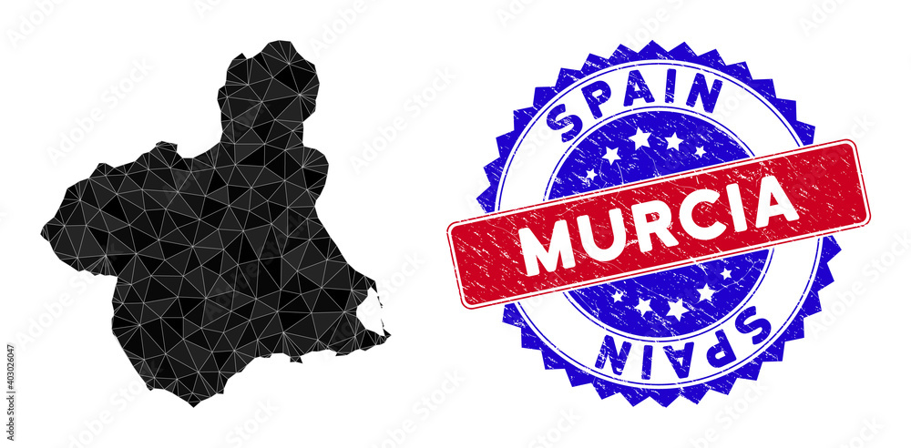 Murcia Province map polygonal mesh with filled triangles, and rough bicolor stamp seal. Triangle mosaic Murcia Province map with mesh vector model, triangles have different sizes, and positions,