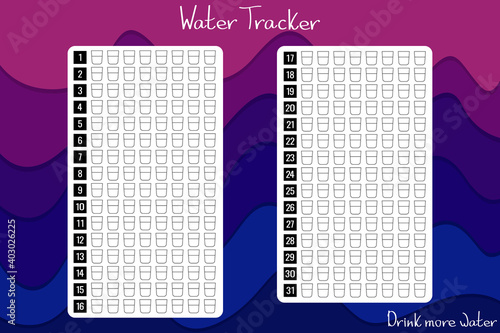 Daily Water tracker. Track the amount of water you drink in a month. Paint over the cups of water. Planner page of good habits. Healthy lifestyle