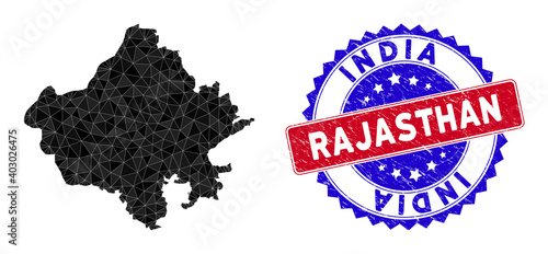 Rajasthan State map polygonal mesh with filled triangles, and textured bicolor stamp seal. Triangle mosaic Rajasthan State map with mesh vector model, triangles have variable sizes, and positions, photo