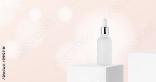 Facial serum jar on white podium mockup cube shape on pink background with bokeh. For beauty cosmetic product presentation with copy space for display