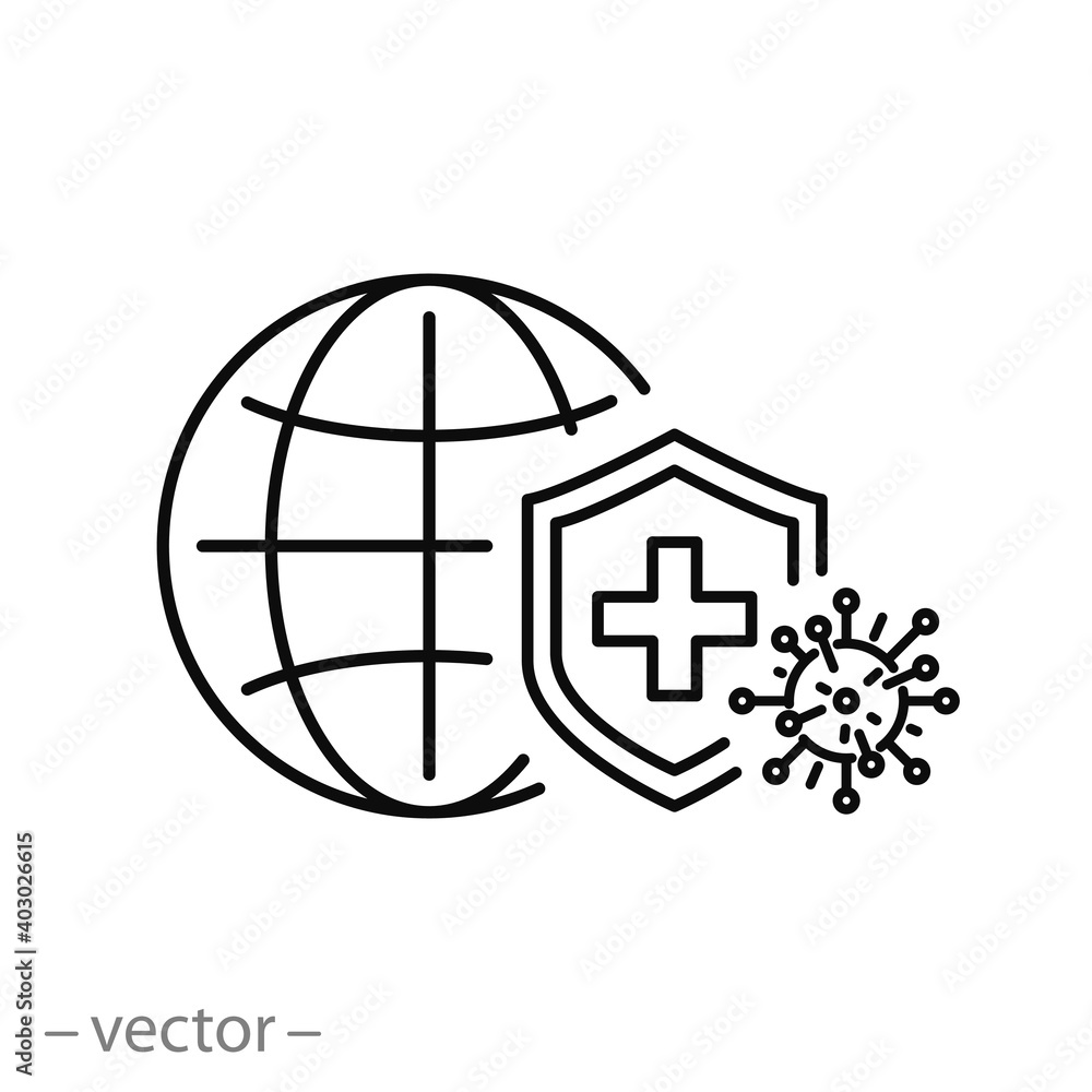 world immune from flu germ icon,global virus protection, globe with hygiene shield, bacterial prevention, thin line web symbol on white background - editable stroke vector illustration eps10 world immune from flu germ icon,global virus protection, globe with hygiene shield, bacterial prevention, thin line web symbol on white background - editable stroke vector illustration eps10
