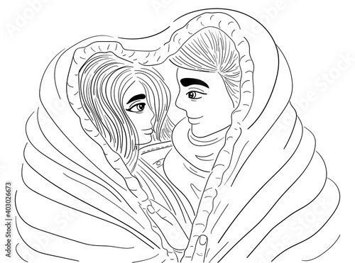 Couple in love hugging under one blanket, black outline drawing isolated on white background, stock vector illustration for design and decor