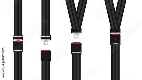 Open and closed seatbelt on white background. Driver protection element graphic of transportations