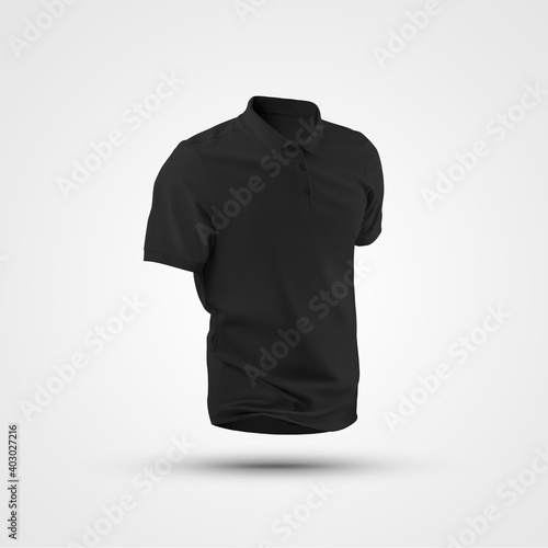 Mockup black polo 3D rendering, with collar and buttons, mens shirt with short sleeves, isolated on background with shadows.