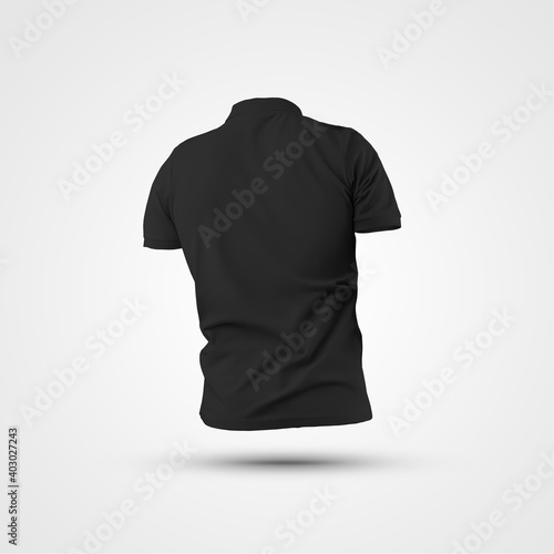 Mockup black 3d illustration of male shirt with short sleeves, collar with buttons, back view, isolated on background with shadows.