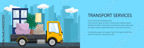 Banner of yellow truck with furniture on the background of the city, transport services and logistics, shipping and freight of goods, vector illustration