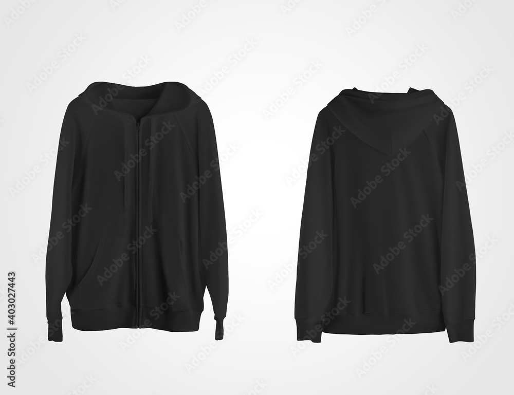 Mockup black hoodie with zip closure, pocket, drawstring hoodie, blank sweatshirt for design presentation.