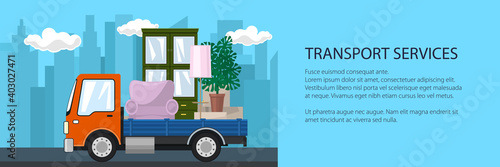 Banner of truck with furniture on the background of the city, transport services and logistics, shipping and freight of goods, vector illustration