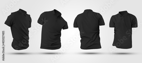 Mockup of a black men's polo 3D rendering, branded short-sleeved shirt with a button-down collar, for design presentation.