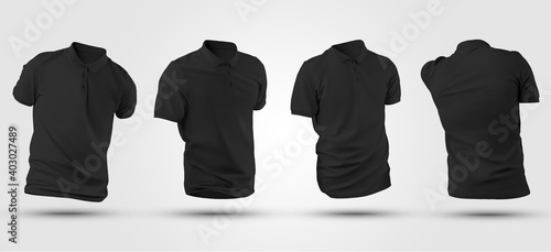 Black shirt template with short sleeves, button down collar, mens polo for advertising, print.