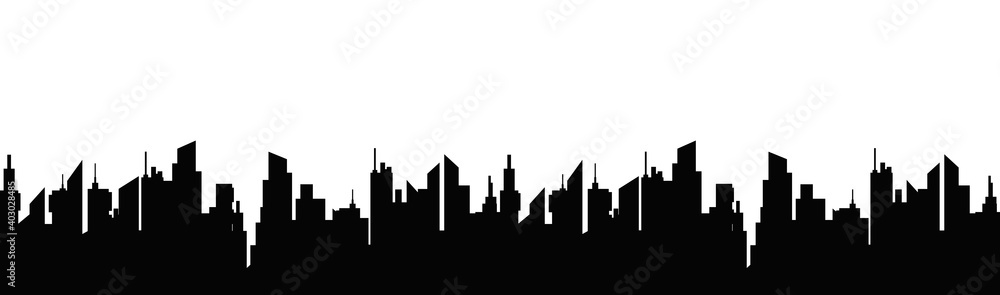 City abstract landscape. Black silhouettes skyscrapers with panorama metropolis on background of white vector sky.
