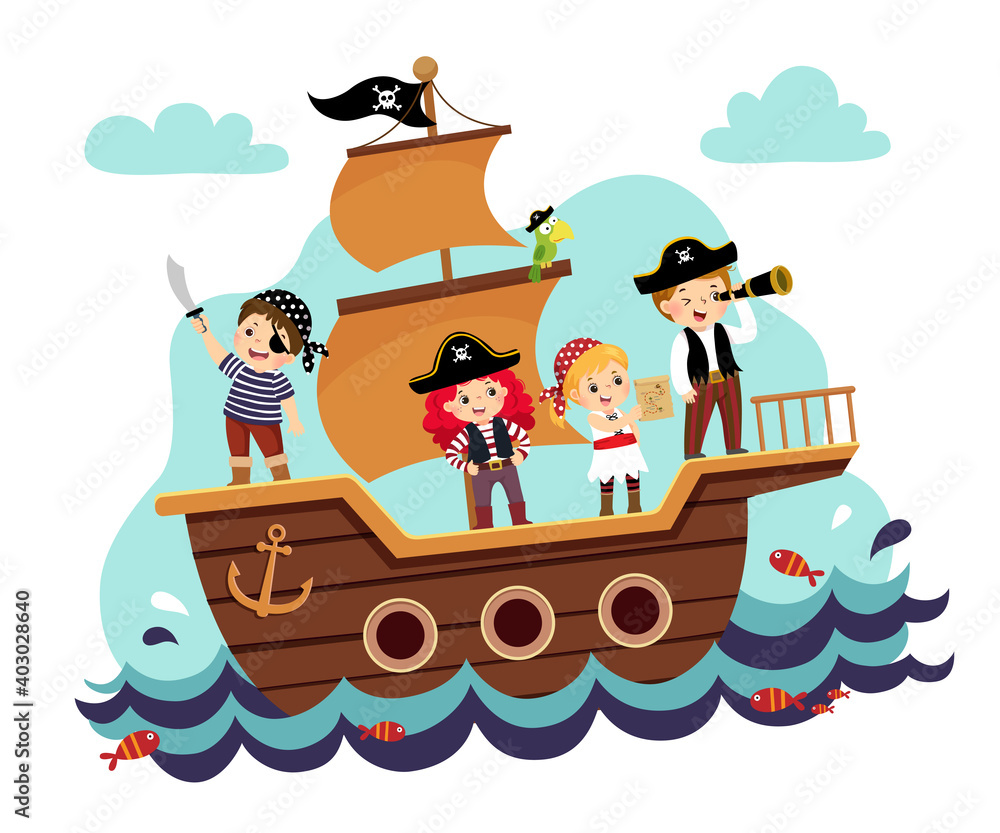 Fototapeta premium Vector illustration cartoon of kids pirates on the ship at the sea.