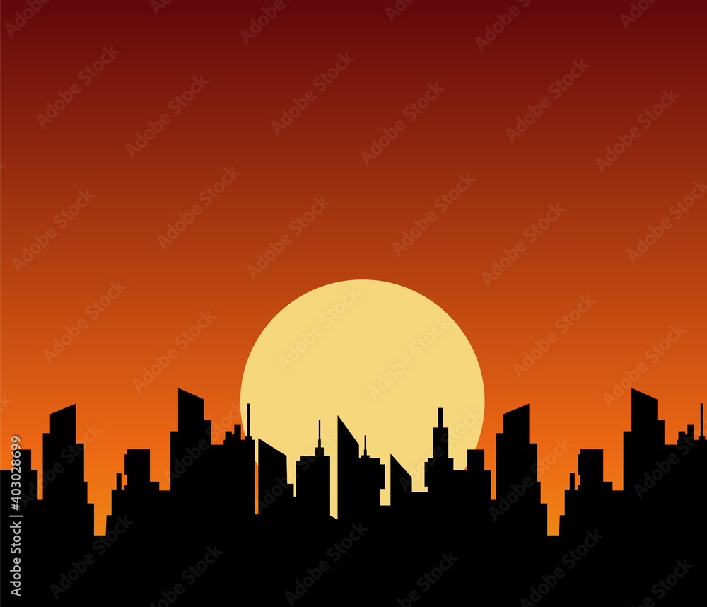 Setting sun over city skyscrapers. Silhouettes black panoramic cityscape on dark orange vector sunset background.