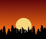 Setting sun over city skyscrapers. Silhouettes black panoramic cityscape on dark orange vector sunset background.