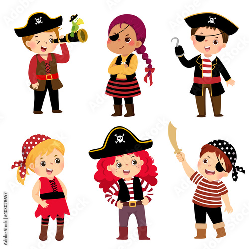 Vector illustration cartoon set of cute kids dressed in pirate costumes.
