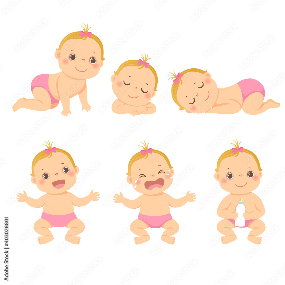 Vector illustration cartoon set of cute little baby or toddler girl in different activity. Vector illustration cartoon set of cute little baby or toddler girl in different activity.