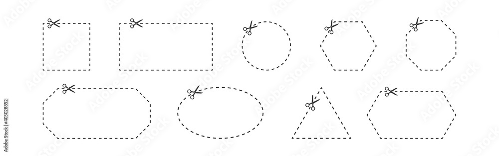 Coupon trim line icons set. Scissors icon. Vector line on white background Coupon trim line icons set. Scissors icon. Vector line on white background