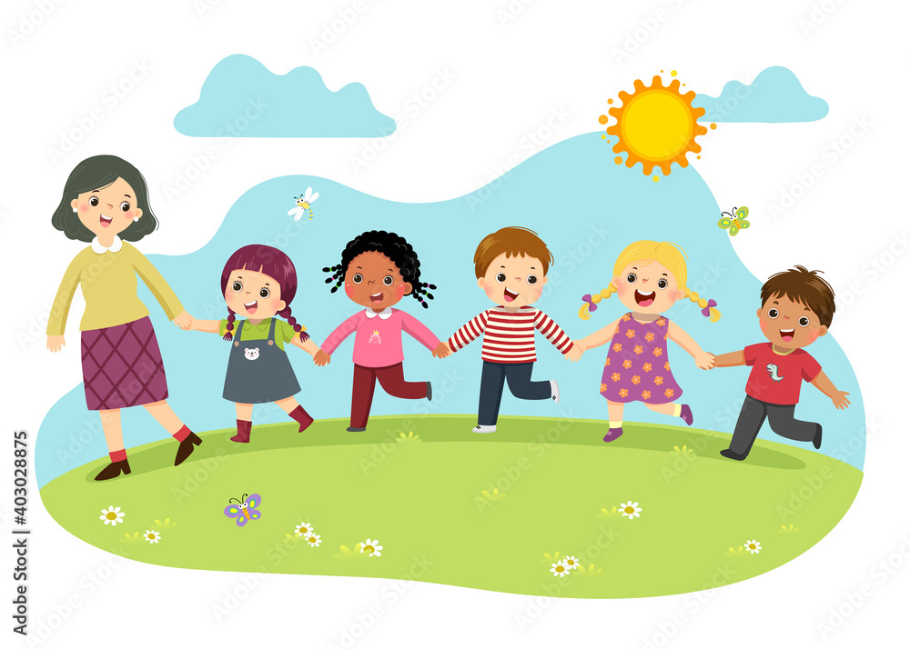Vector illustration cartoon of female teacher and students holding hands together and walking in the park. Vector illustration cartoon of female teacher and students holding hands together and walking in the park.