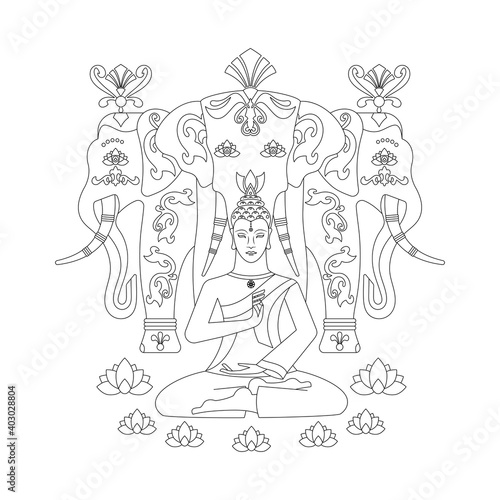 Meditating Buddha, with a medallion in the form of a wheel of samsara, hands show the gesture of Mudra Vitarka, against the background of the elephant Erawan. Anti-stress coloring pages..