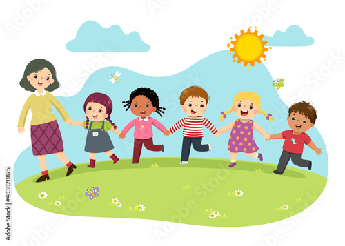 Vector illustration cartoon of female teacher and students holding hands together and walking in the park.