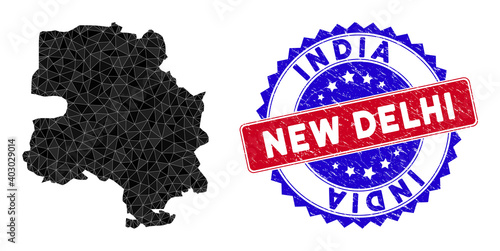 New Delhi City map polygonal mesh with filled triangles, and textured bicolor stamp seal. Triangle mosaic New Delhi City map with mesh vector model, triangles have various sizes, and positions,