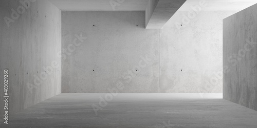 Abstract empty, modern concrete room with indirect lighting from right side wall and rough floor - industrial interior background template