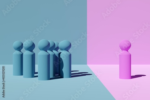 Blue group and single pink figures on pink and blue background, abstract concept of male and female gender inequality photo