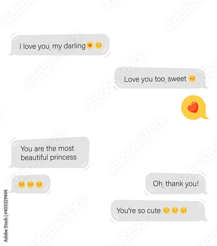 Love correspondence in online messenger. Chatting between close users with compliments with emoticons and conversational vector windows.