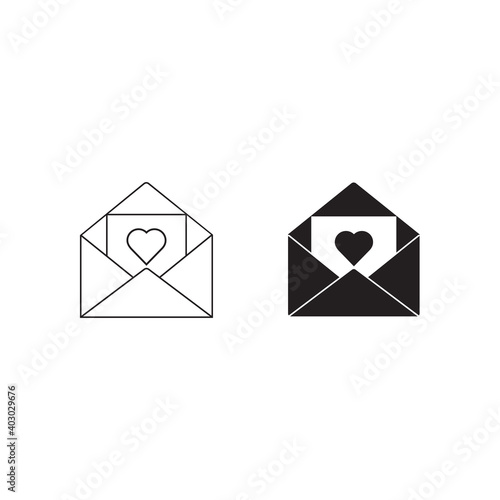 envelope with heart thin line and flet black icon on white background, happy valentine day set photo