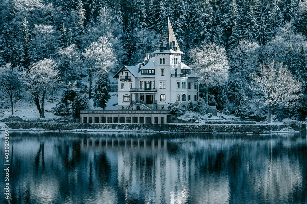 Austrian castle on Lake Grundelsee in winter