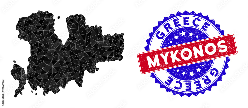 Mykonos Island map polygonal mesh with filled triangles, and distress bicolor stamp print. Triangle mosaic Mykonos Island map with mesh vector model, triangles have variable sizes, and positions,
