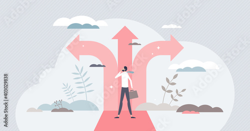 Crossroads as business strategy choice and future options tiny person concept