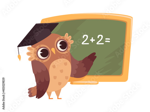 Teacher at blackboard. Isolated cartoon clever owl in university cap teaches counting. School or college study vector illustration. Education owl in school, smart teacher at blackboard