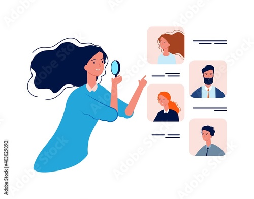 People resources. HR manager, boss choose employers. Recruitment agency, business woman hiring workers vector illustration. Recruitment worker, recruit personal, resource opportunity