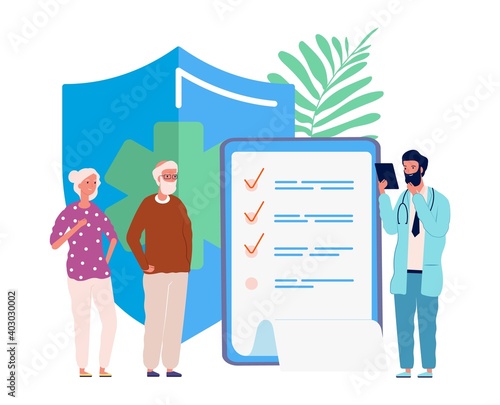 Health insurance for seniors. Medical service, elderly people exam in hospital. Doctor for old person vector illustration. Medical insurance senior people, health care buisness