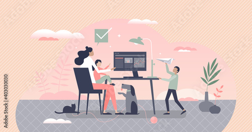 Busy mom professional working while taking care of kids tiny person concept