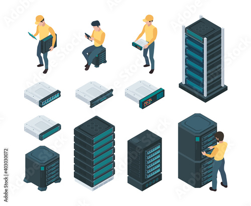 Technician in server room. Computer lan master with router communicate hardware cabling tech processes vector isometric set. Illustration technician server, data engineer and security service storage