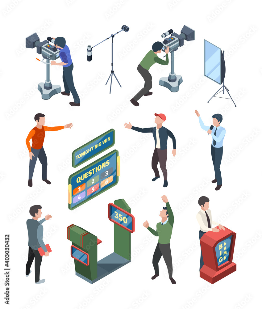 Game tv show. Question tv quiz playing participant isometric characters standing near tribunes with buttons answers vector. Illustration entertainment smart tv show