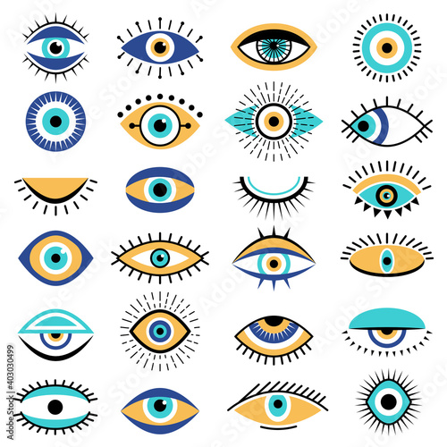 Evil eyes symbols. Illuminati tattoo graphic sketch hipster ethnic traditional vector pictures. Illuminati occult alchemy and esoteric spiritual amulet