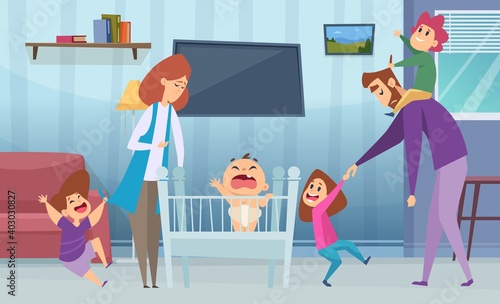 Large family. Tired parents and active children. Parenthood, mother father kids in room vector illustration. Tired family, mother and father with kids