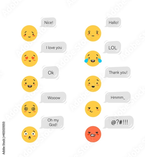 Emotional emoticons with conversation bubbles. Yellow declaration love and delight emotion of thoughtfulness and vector admiration.