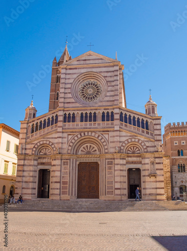 The Cattedrale di San Lorenzo - Saint Lawrence Cathedral - in Grosseto in Tuscany, Italy. This Romanesque church with a marble facade was constructed between 13th-15th century, and has a 15th century 