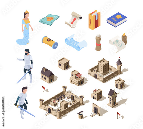 Medieval isometric buildings. Fairytale symbols warrior knights fortress spellbooks garish vector fantasy collection. Medieval isometric palace, castle building for game illustration